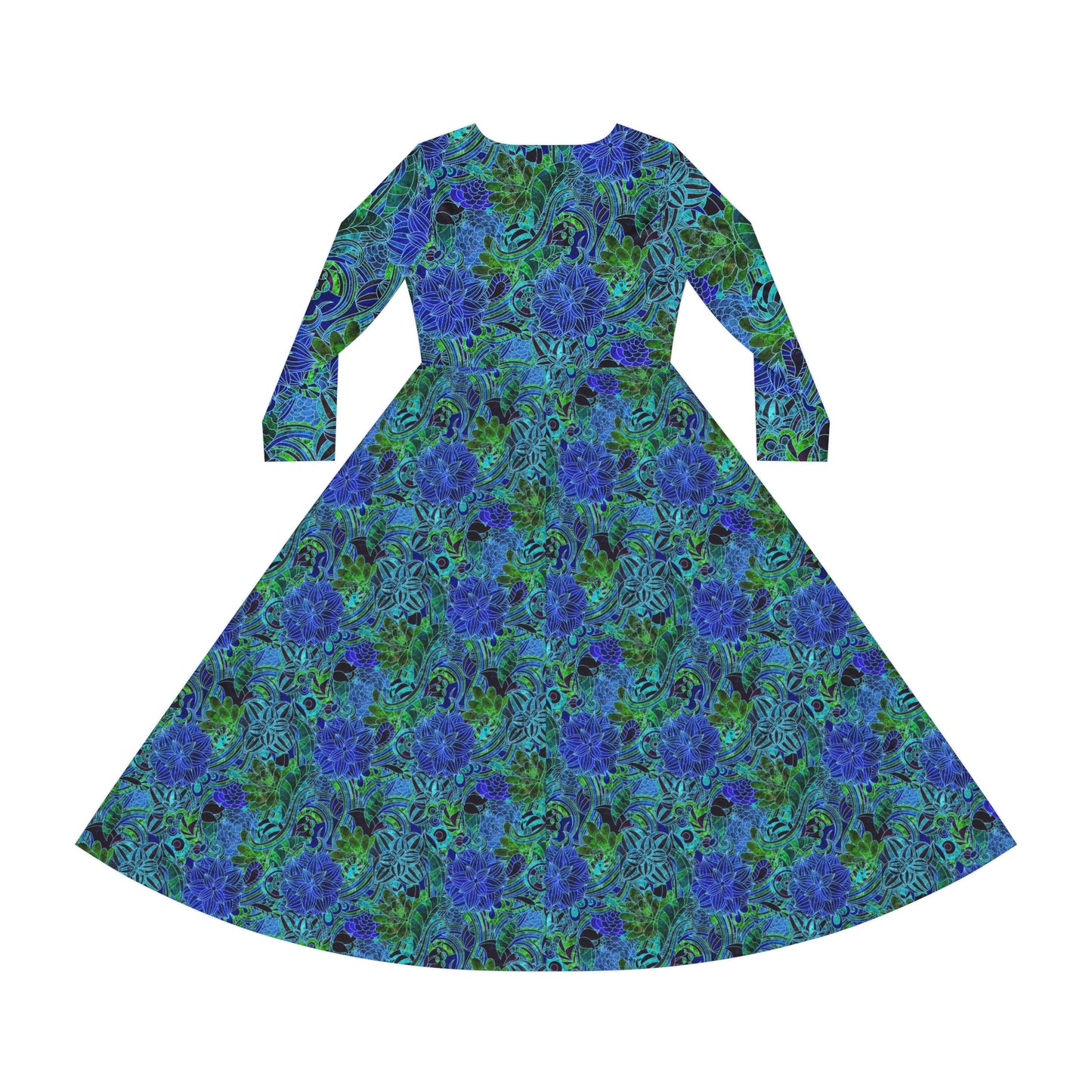 Blue Green Floral Pattern Women's Long Sleeve Dance Dress (AOP)