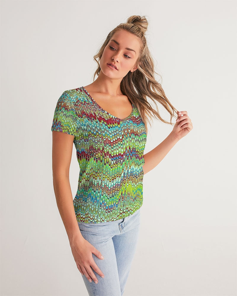 Cool Green Marbled Women's V-Neck Tee