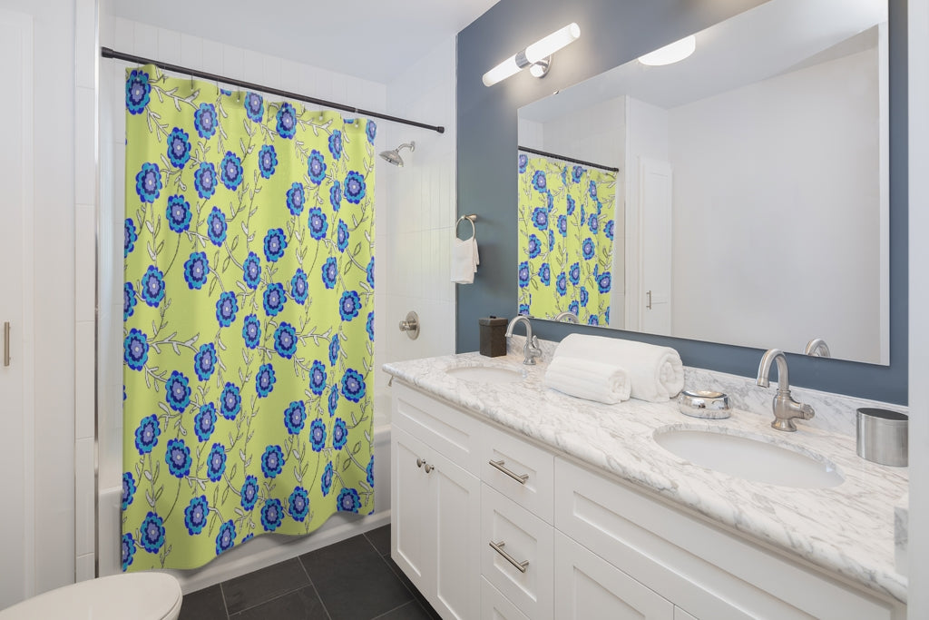 Blue Flowers On Yellow Shower Curtains
