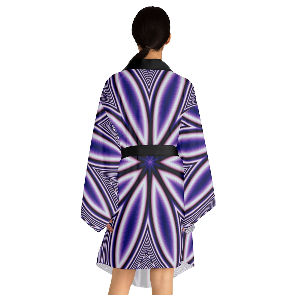 Blue Fractal Flower Kaleidoscope Long Sleeve Kimono Robe