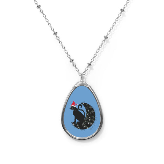 Cat on a Christmas Moon Oval Necklace