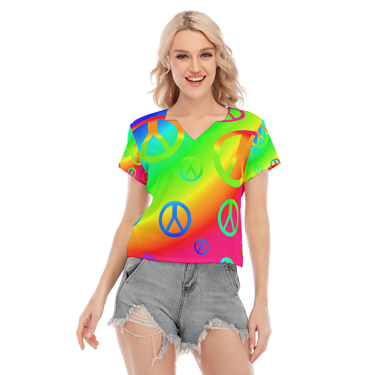 Rainbow Peace Sign All-Over Print Women's Stretch V-Neck Short-Sleeved Blouse