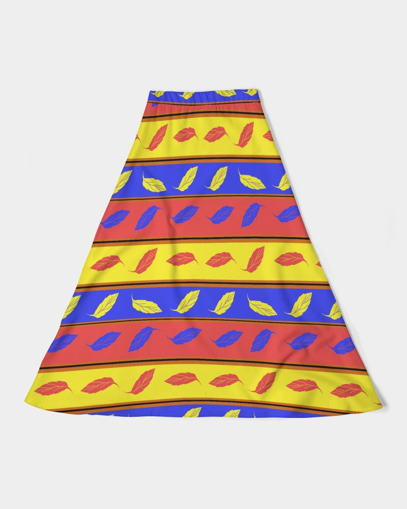 Red Yellow and Blue Leaf Stripes Women's A-Line Midi Skirt