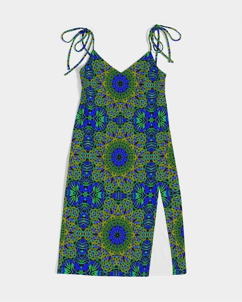 Blue Green Celtic Kaleidoscope Women's Tie Strap Split Dress