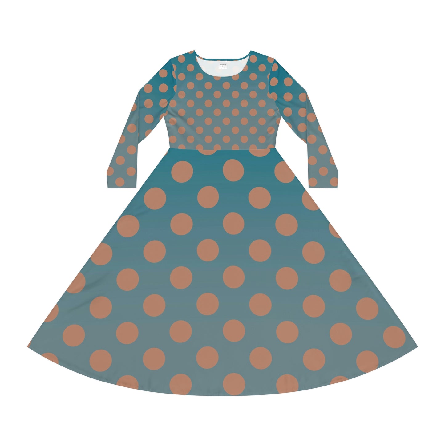 Denim and Brown Polkadots Women's Long Sleeve Dance Dress