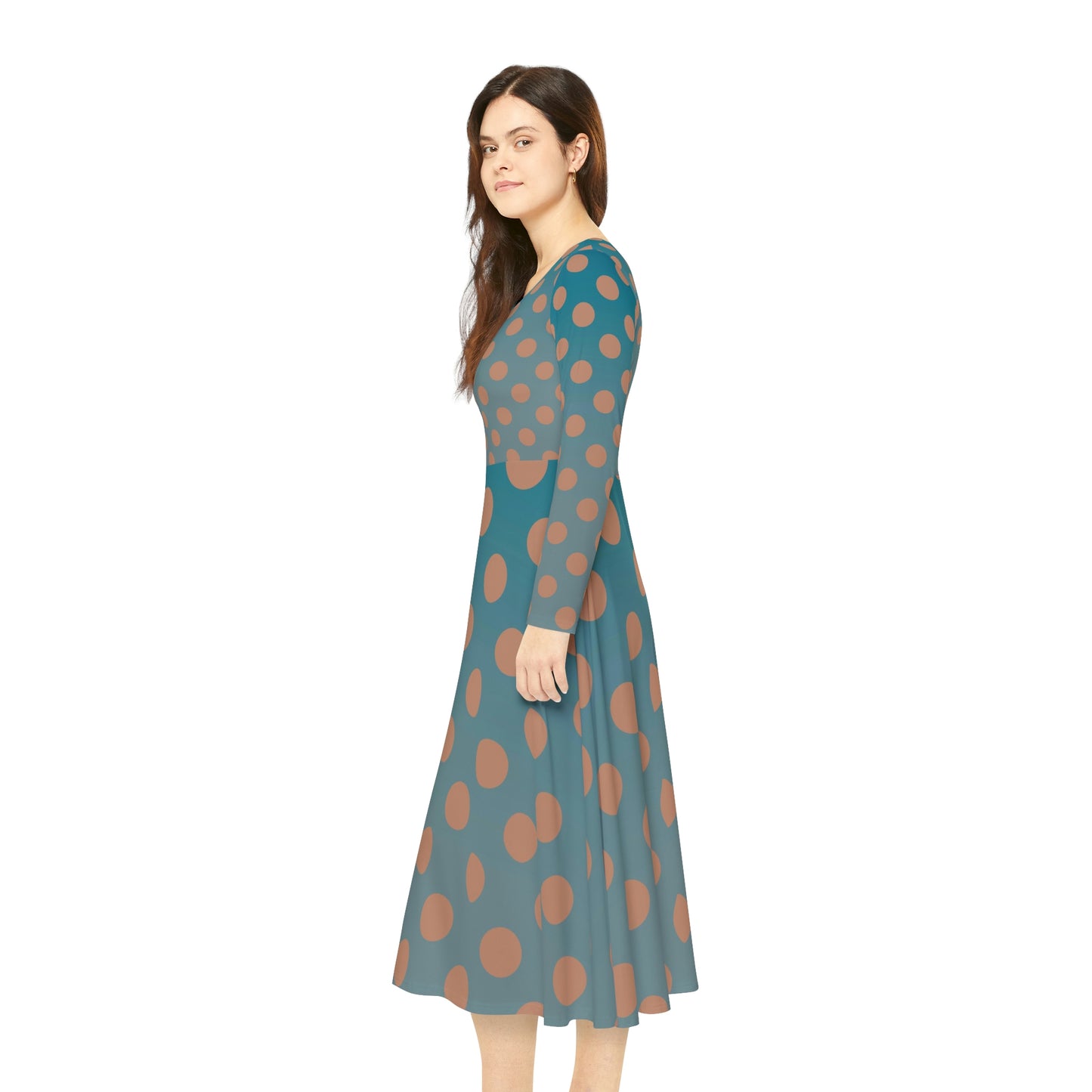 Denim and Brown Polkadots Women's Long Sleeve Dance Dress