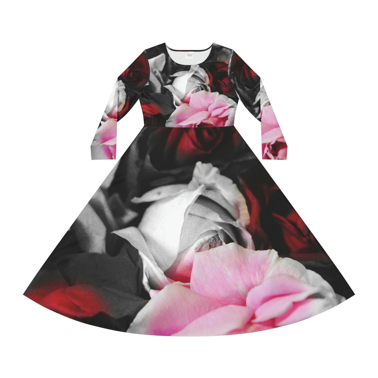 Black and White Roses Fade Women's Long Sleeve Dance Dress