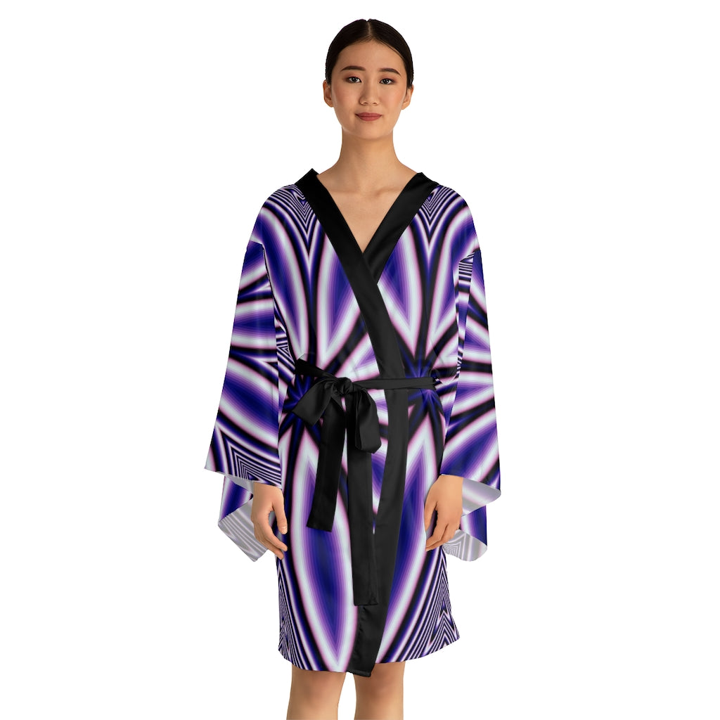 Blue Fractal Flower Kaleidoscope Long Sleeve Kimono Robe