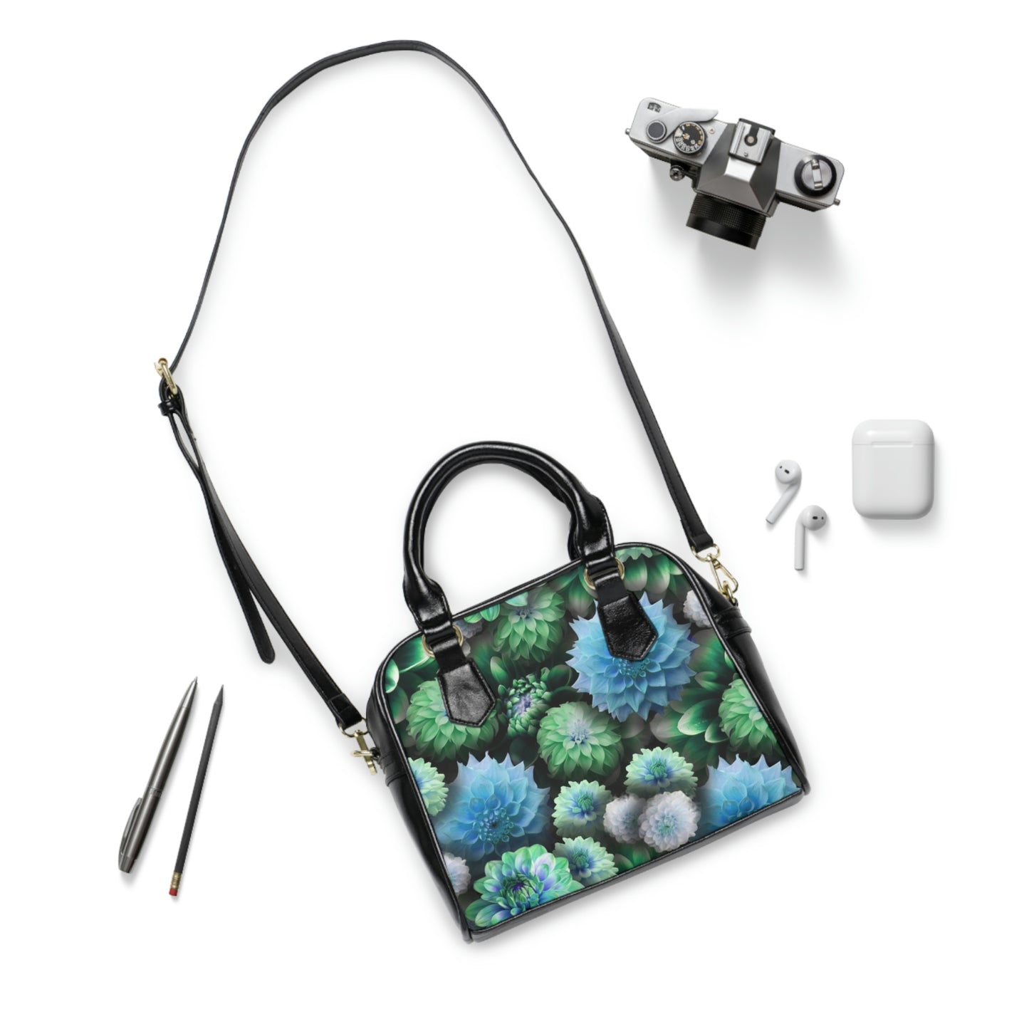 Blue Green Dahlias Collage Shoulder Handbag