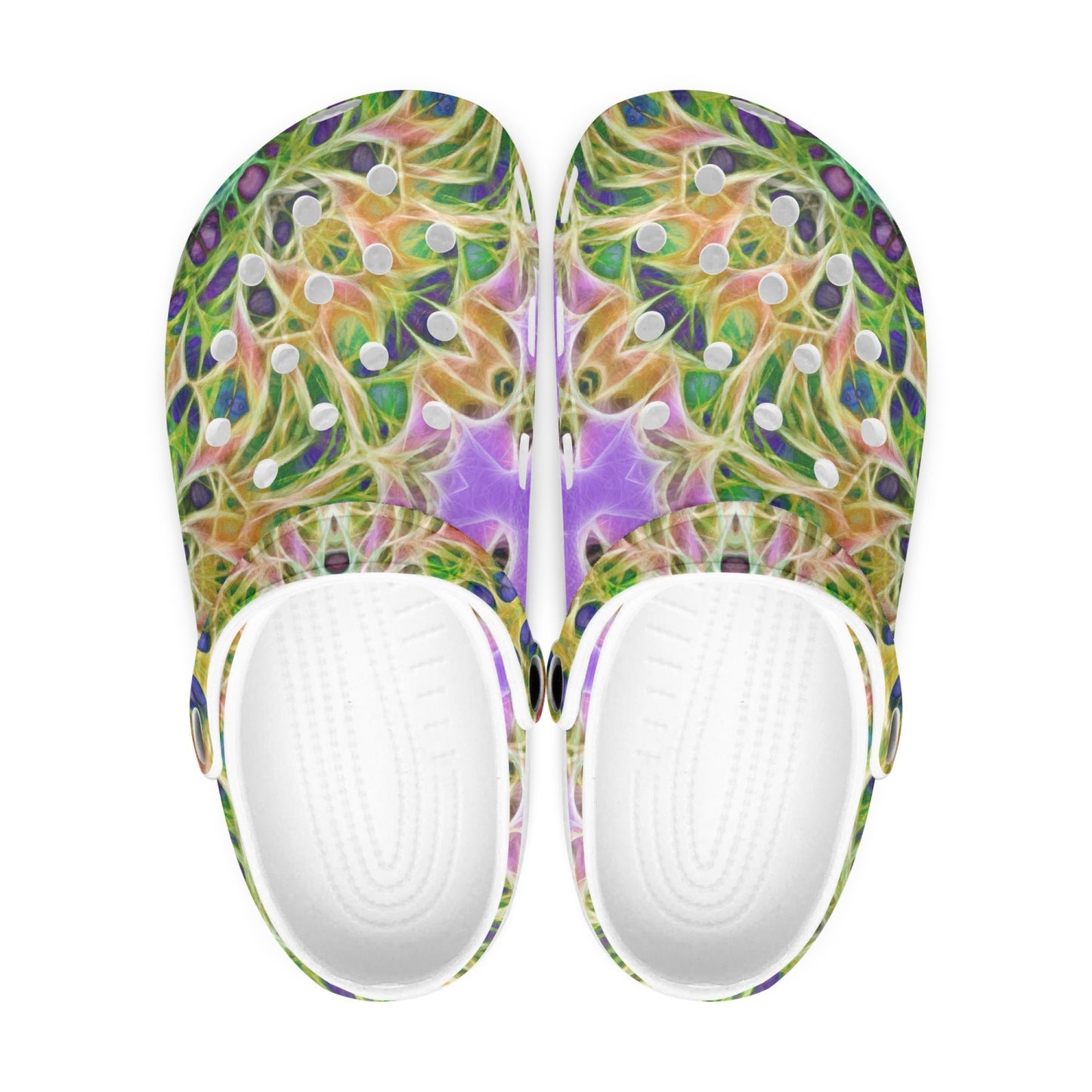 Green and Purple Kaleidoscope 413. All Over Printed Clogs