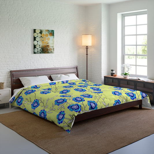 Blue Flowers On Yellow Comforter