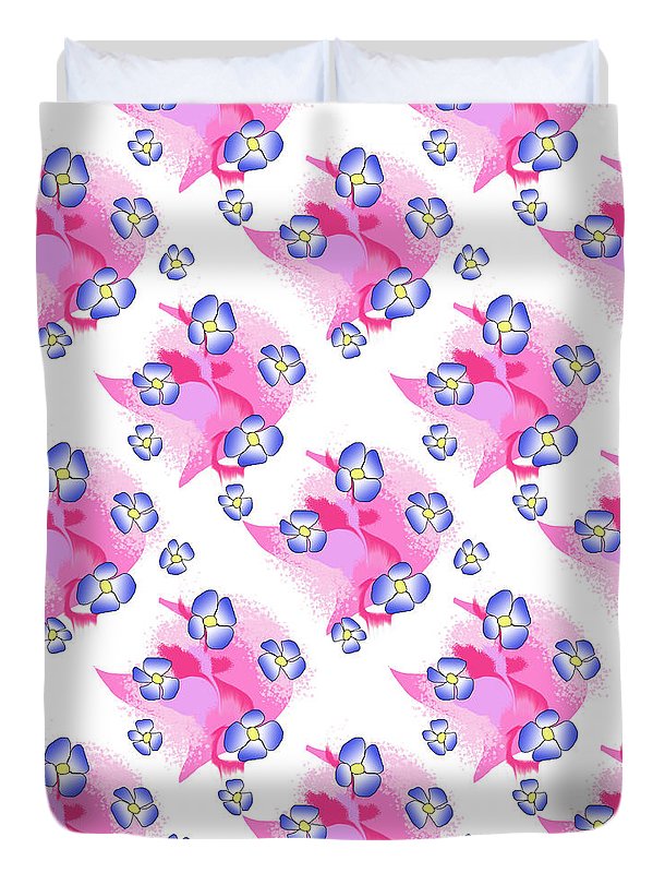 Blue Flowers On Pink - Duvet Cover