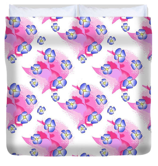 Blue Flowers On Pink - Duvet Cover