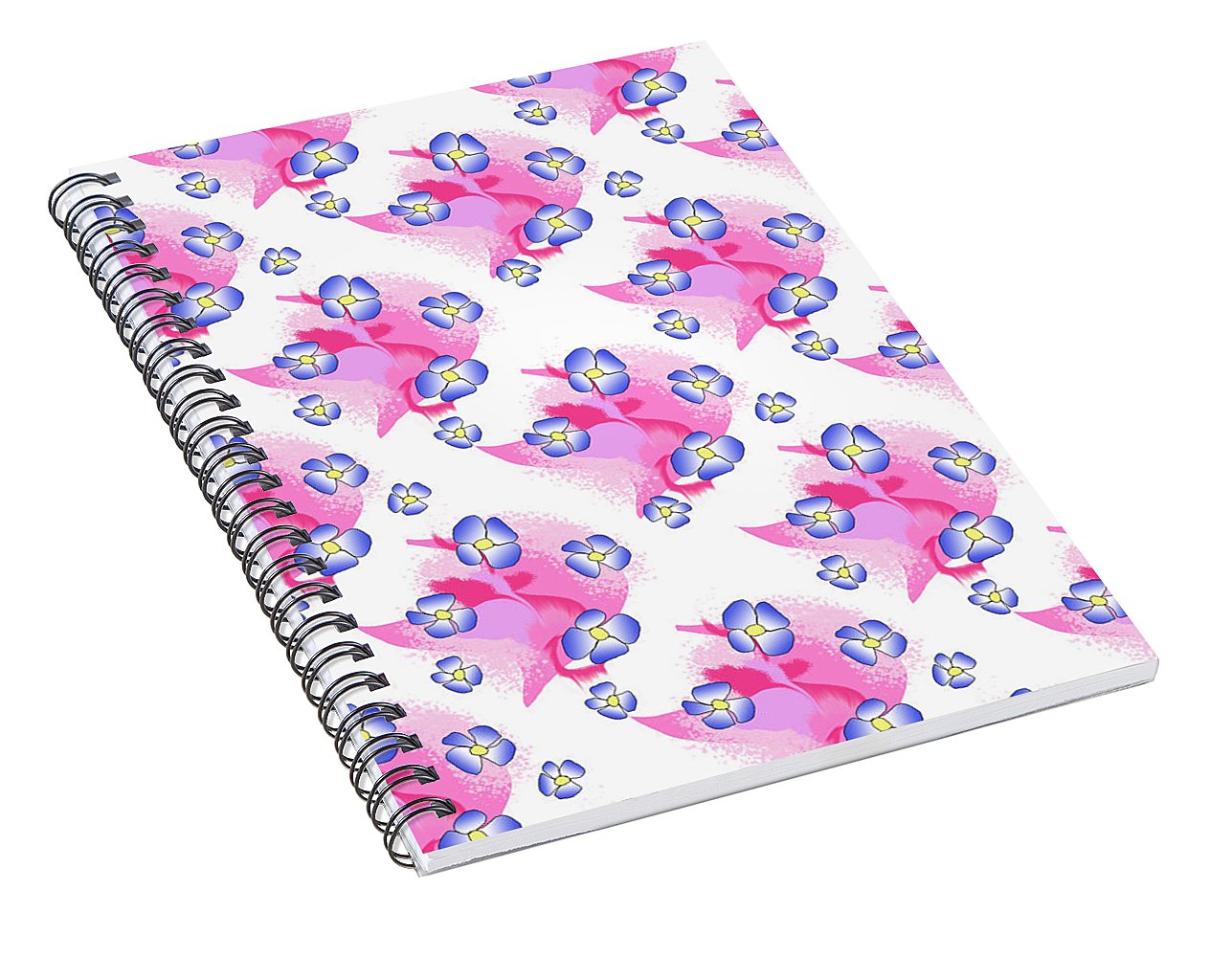 Blue Flowers On Pink - Spiral Notebook