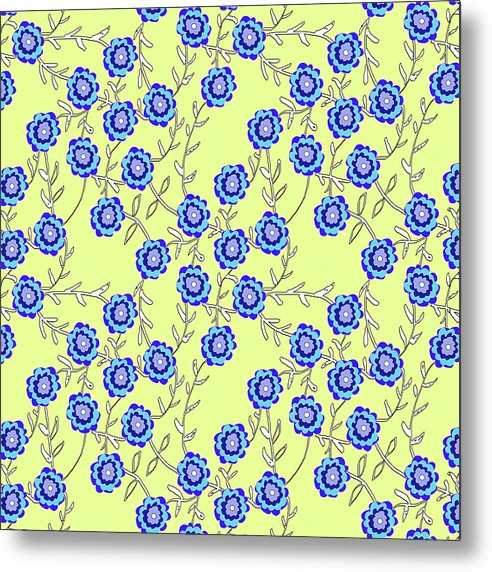 Blue Flowers On Yellow - Metal Print