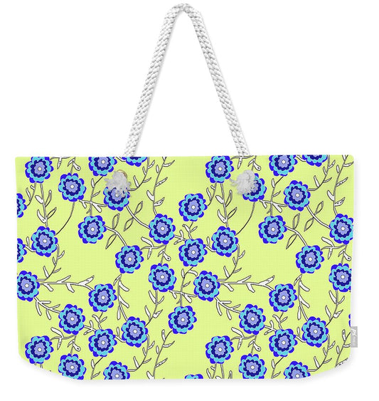 Blue Flowers On Yellow - Weekender Tote Bag