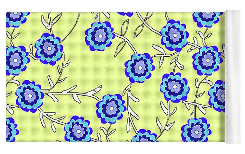 Blue Flowers On Yellow - Yoga Mat