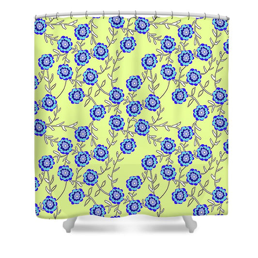 Blue Flowers On Yellow - Shower Curtain