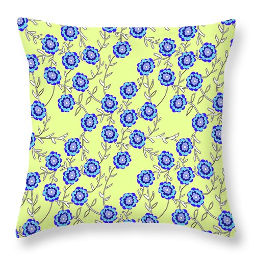 Blue Flowers On Yellow - Throw Pillow