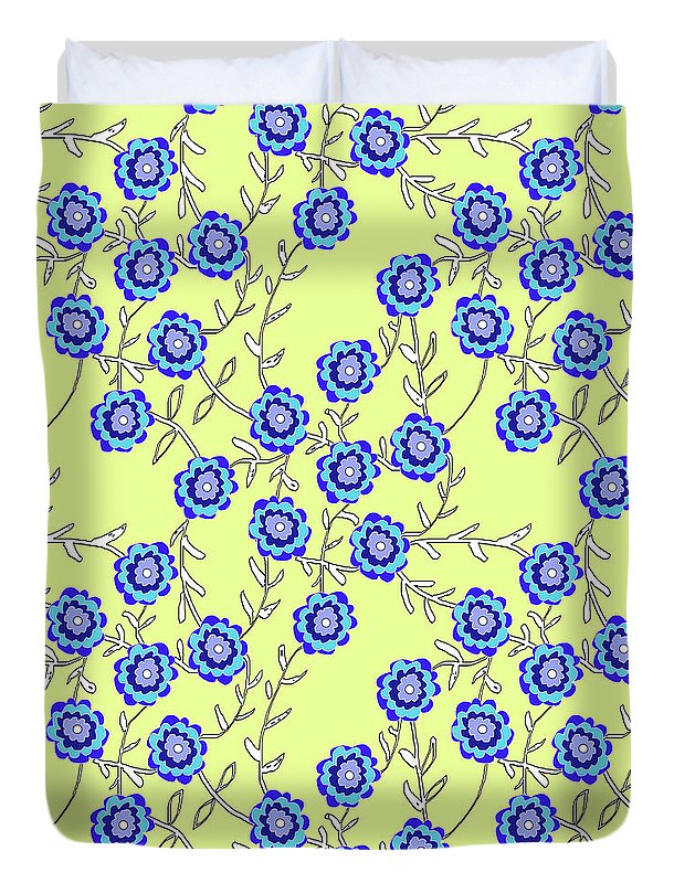 Blue Flowers On Yellow - Duvet Cover