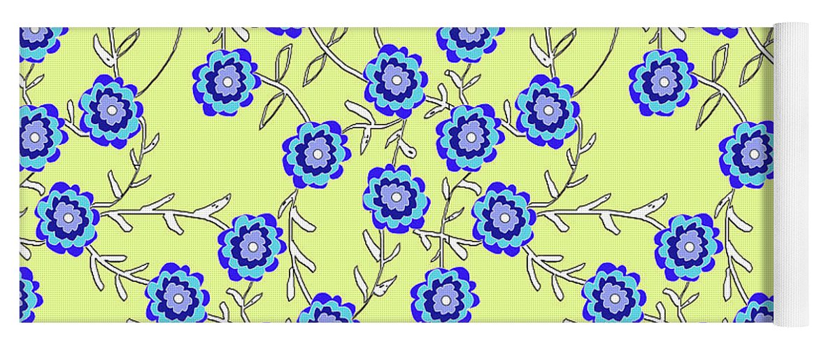Blue Flowers On Yellow - Yoga Mat