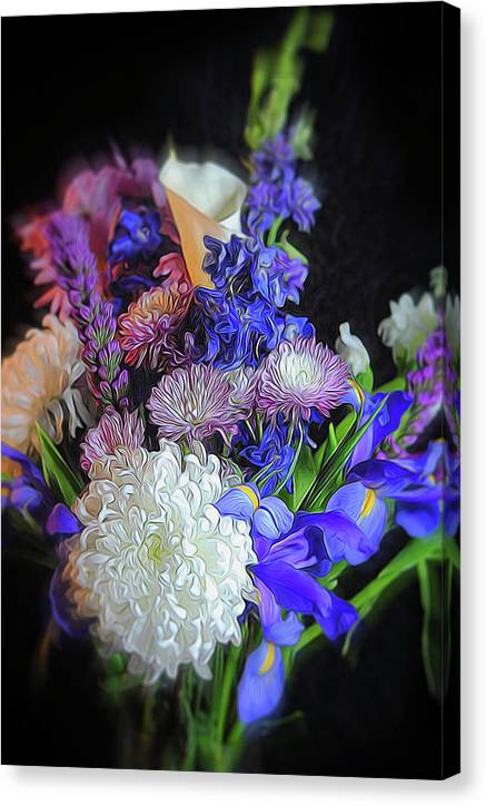 Blue White Purple Mixed Flowers Bouquet - Canvas Print