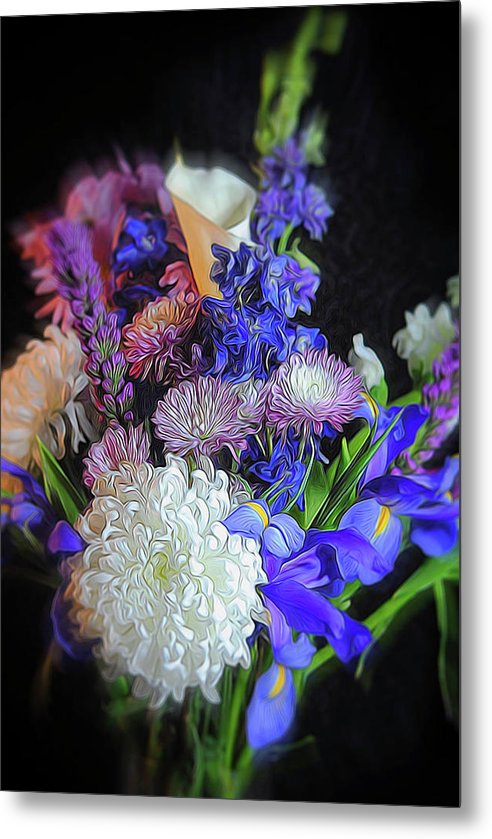 Blue White Purple Mixed Flowers Bouquet - Metal Print