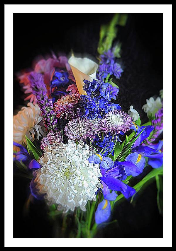 Blue White Purple Mixed Flowers Bouquet - Framed Print