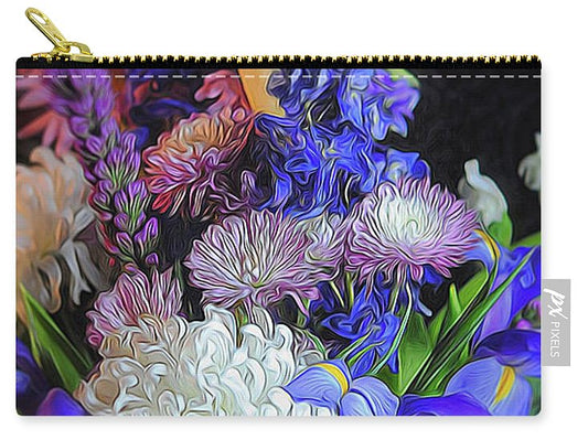 Blue White Purple Mixed Flowers Bouquet - Carry-All Pouch