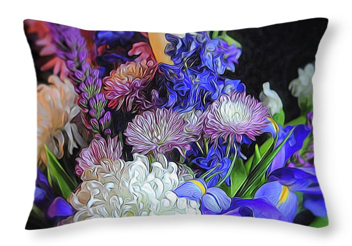 Blue White Purple Mixed Flowers Bouquet - Throw Pillow