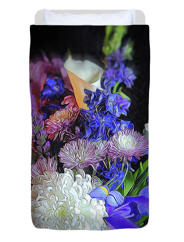 Blue White Purple Mixed Flowers Bouquet - Duvet Cover