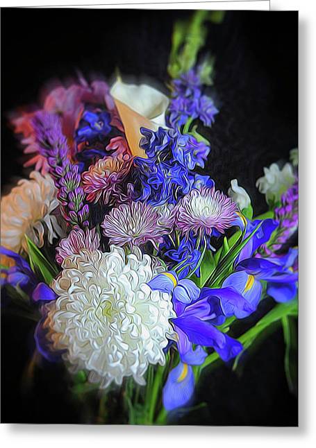 Blue White Purple Mixed Flowers Bouquet - Greeting Card