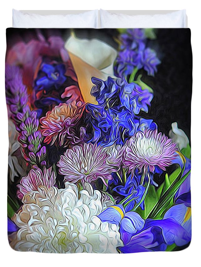 Blue White Purple Mixed Flowers Bouquet - Duvet Cover