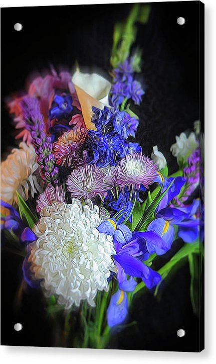 Blue White Purple Mixed Flowers Bouquet - Acrylic Print