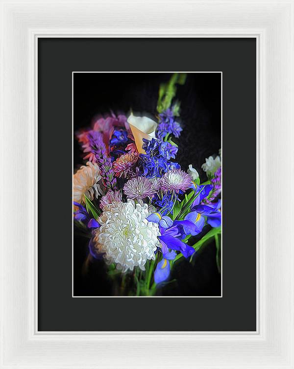 Blue White Purple Mixed Flowers Bouquet - Framed Print