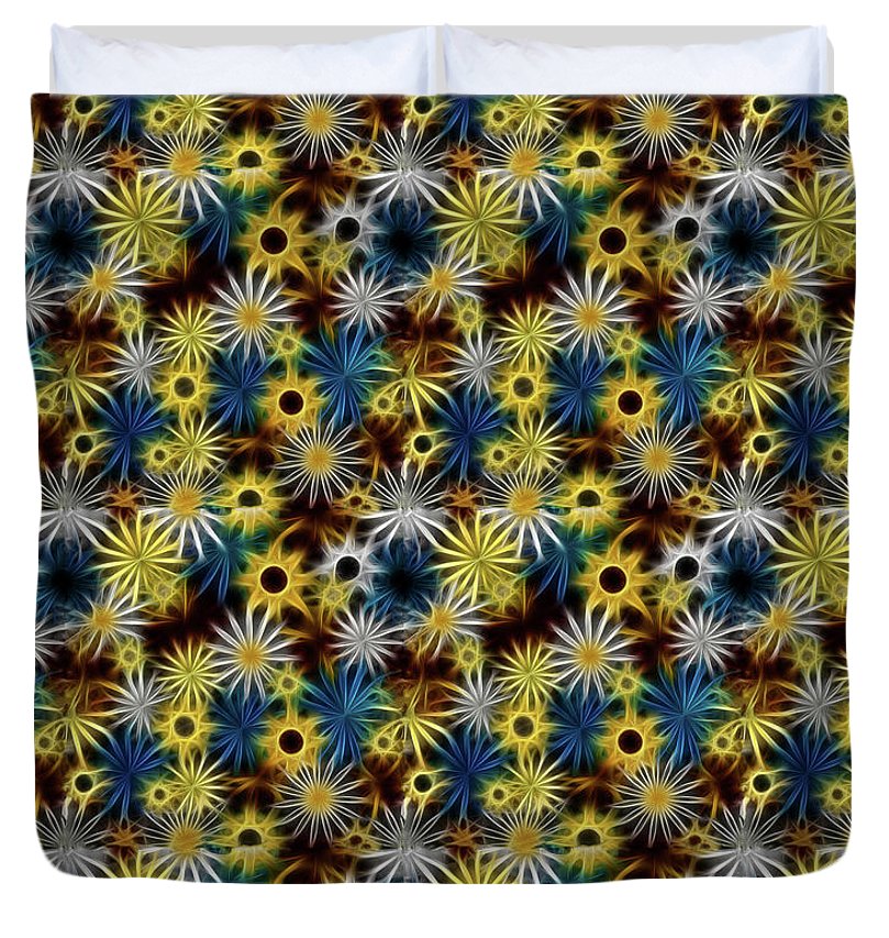 Blue Yellow White Daisies on Brown - Duvet Cover