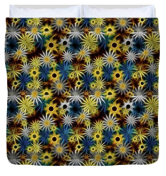 Blue Yellow White Daisies on Brown - Duvet Cover
