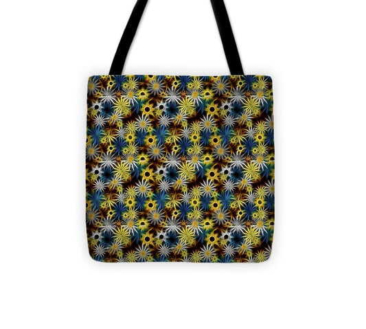 Blue Yellow White Daisies on Brown - Tote Bag