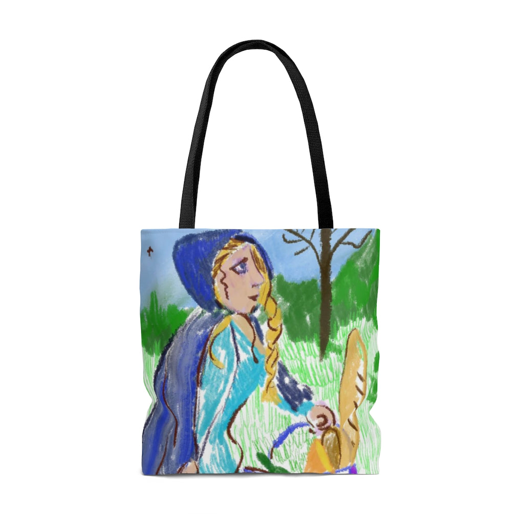 Hooded Woman Carrying Bread AOP Tote Bag