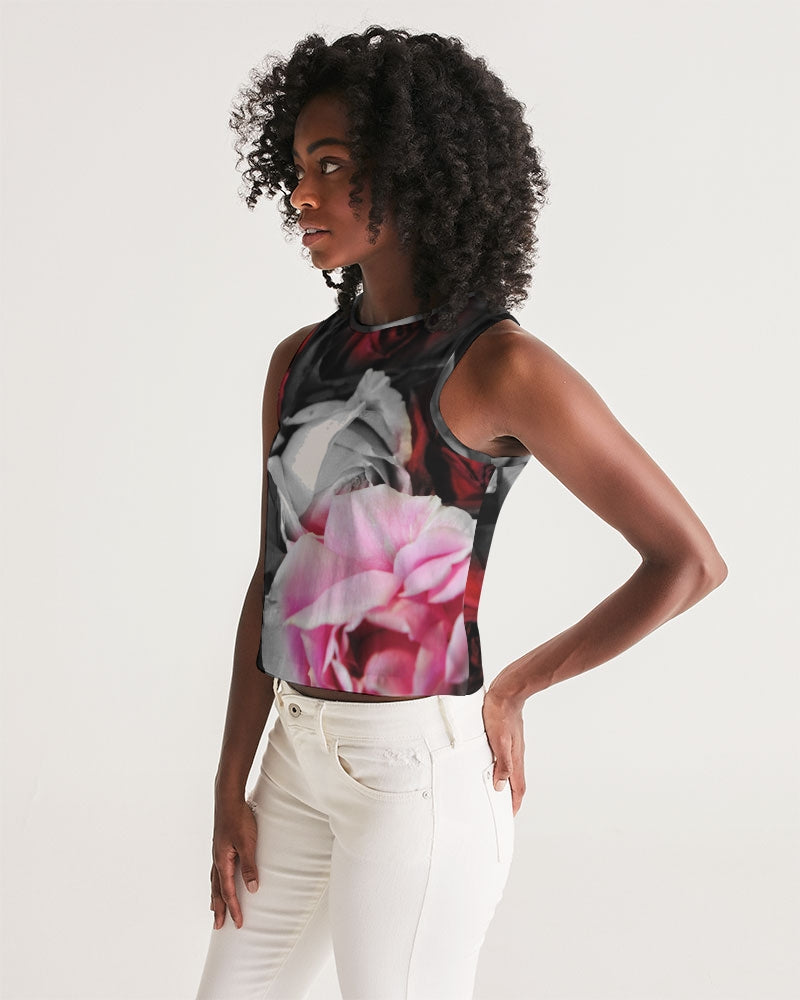 Black and White Roses Fade Women's Cropped Tank