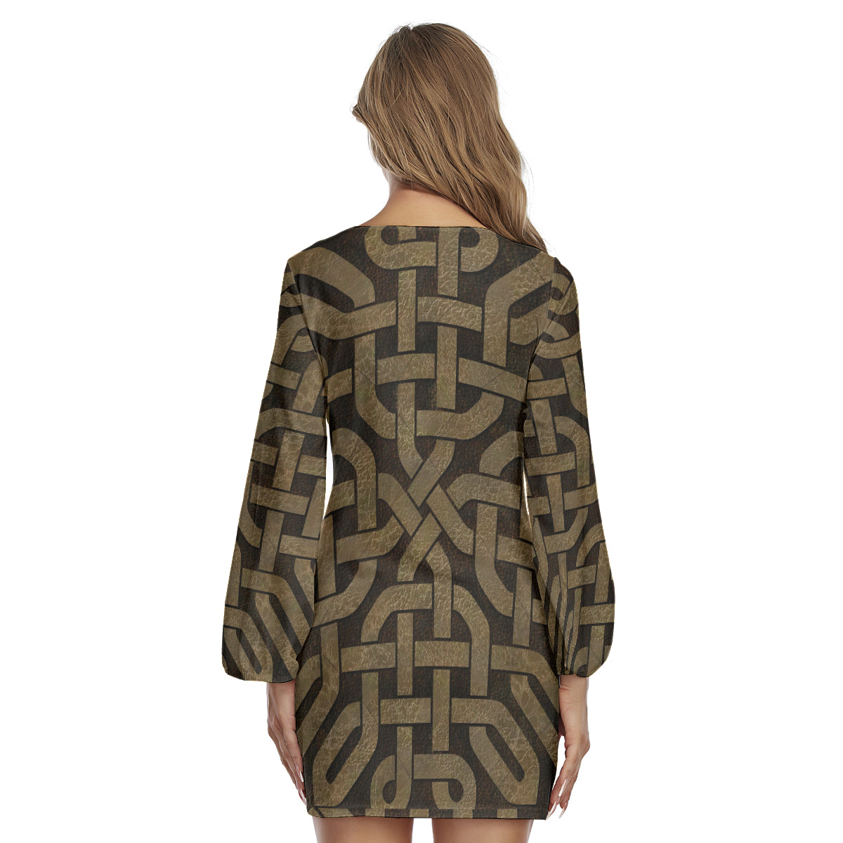 Light Leather Look Celtic Knot All-Over Print Women's Lantern Sleeve Dress