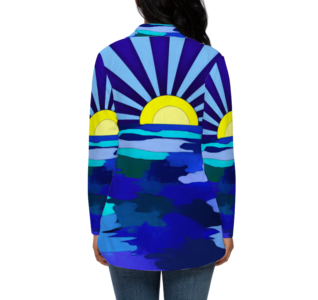 Sunset Along The Lake Custom All Over Print Women's Long Sleeves Shirt with Button