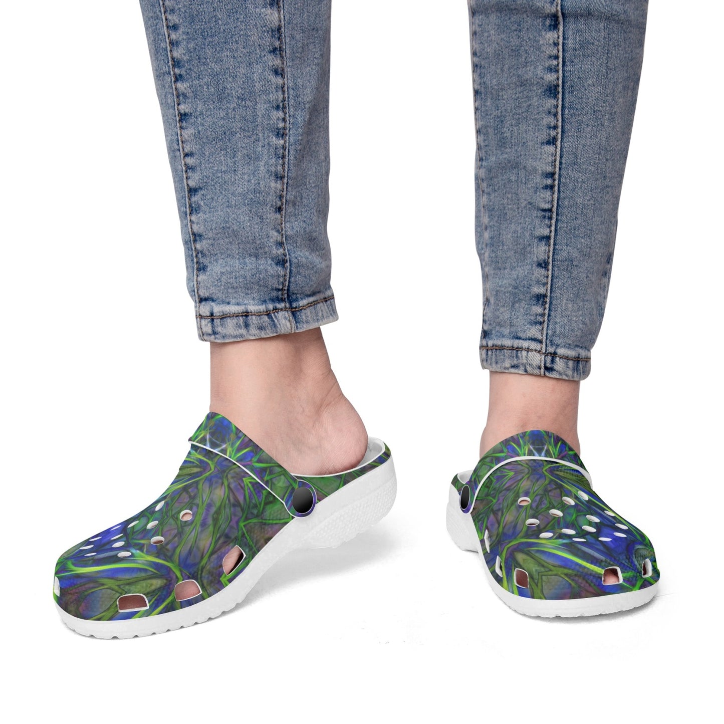 Blue Green Ribbon Kaleidoscope 413. All Over Printed Clogs