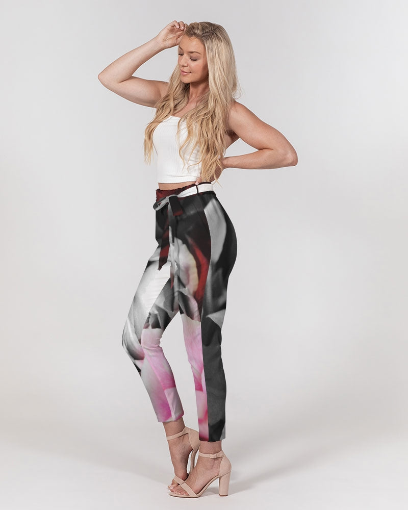 Black and White Roses Fade Women's Belted Tapered Pants