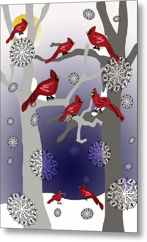 Cardinals In The Snow - Metal Print