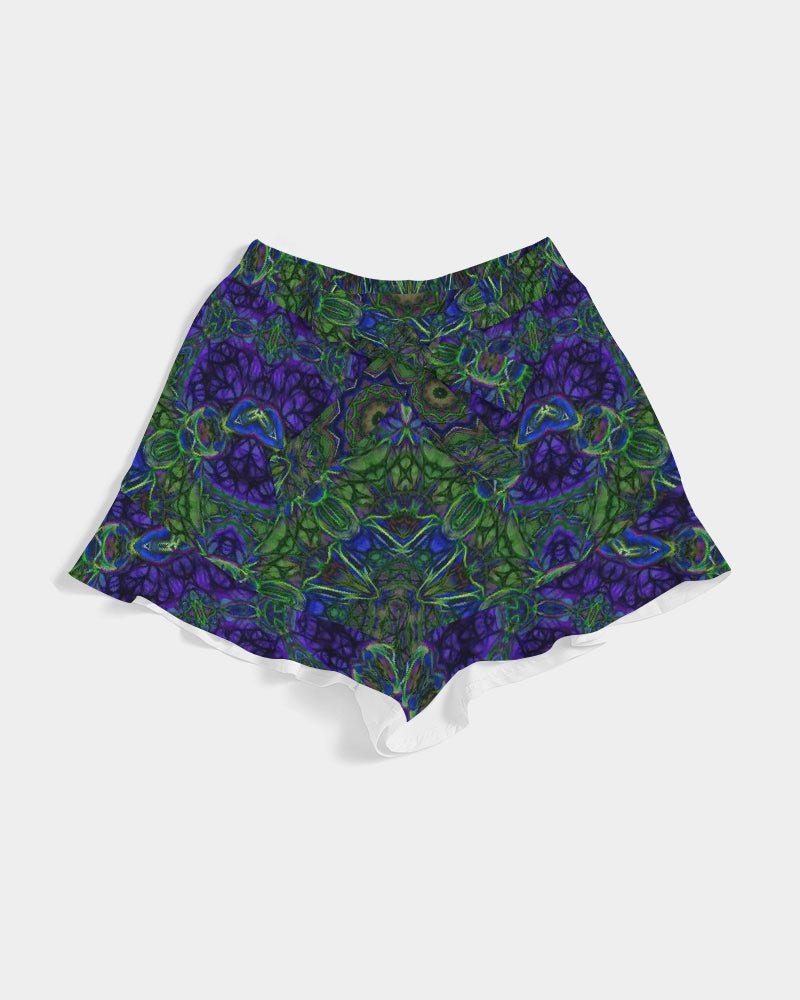 blue Green Ribbon Kaleidoscope Women's Ruffle Shorts