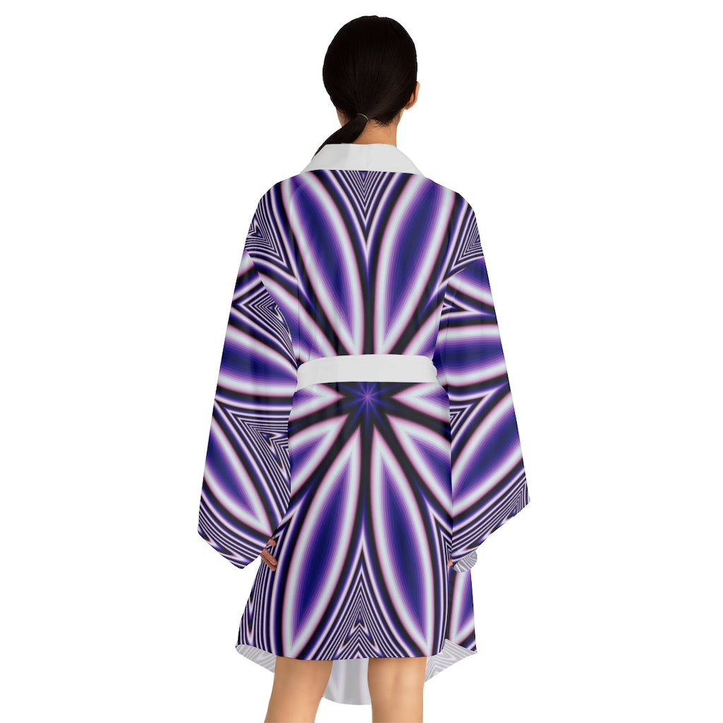 Blue Fractal Flower Kaleidoscope Long Sleeve Kimono Robe