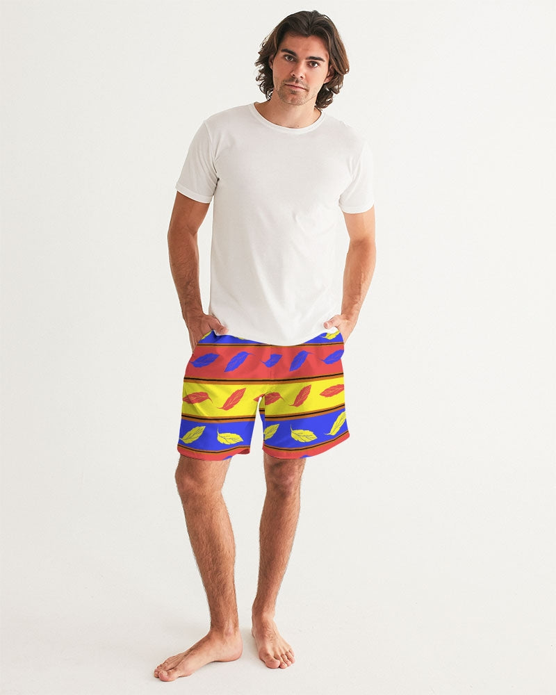 Red Yellow and Blue Leaf Stripes Men's Swim Trunk