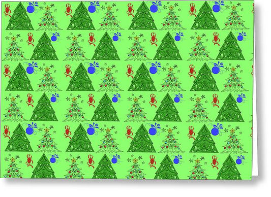 Christmas Trees On Green Pattern - Greeting Card
