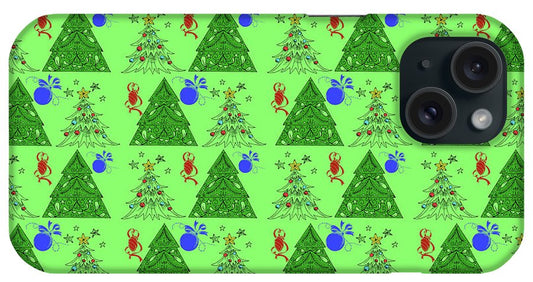 Christmas Trees On Green Pattern - Phone Case